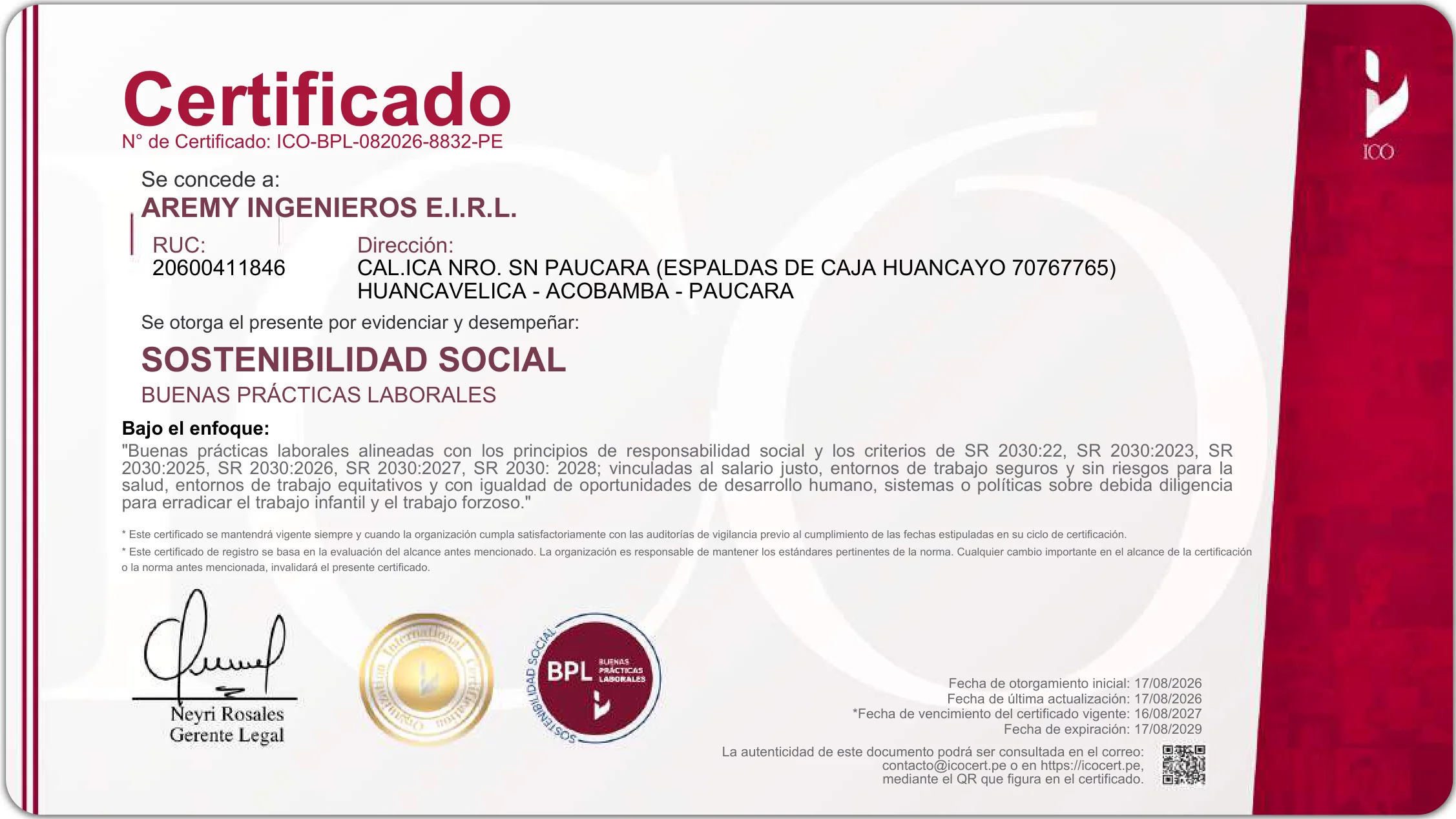 Certificación de AREMY INGENIEROS